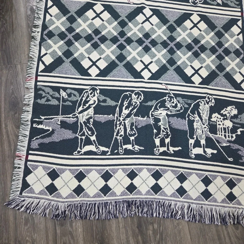 Vintage Golf Tapestry Throw Blanket Argyle Woven‎ Fringe Excellent Country Club
